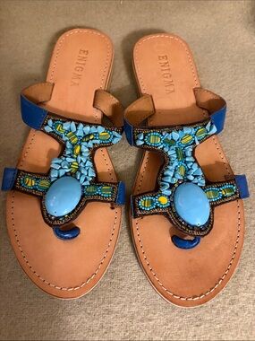 Zara Blue Beaded T-Bar Sandals with Tan Footbed